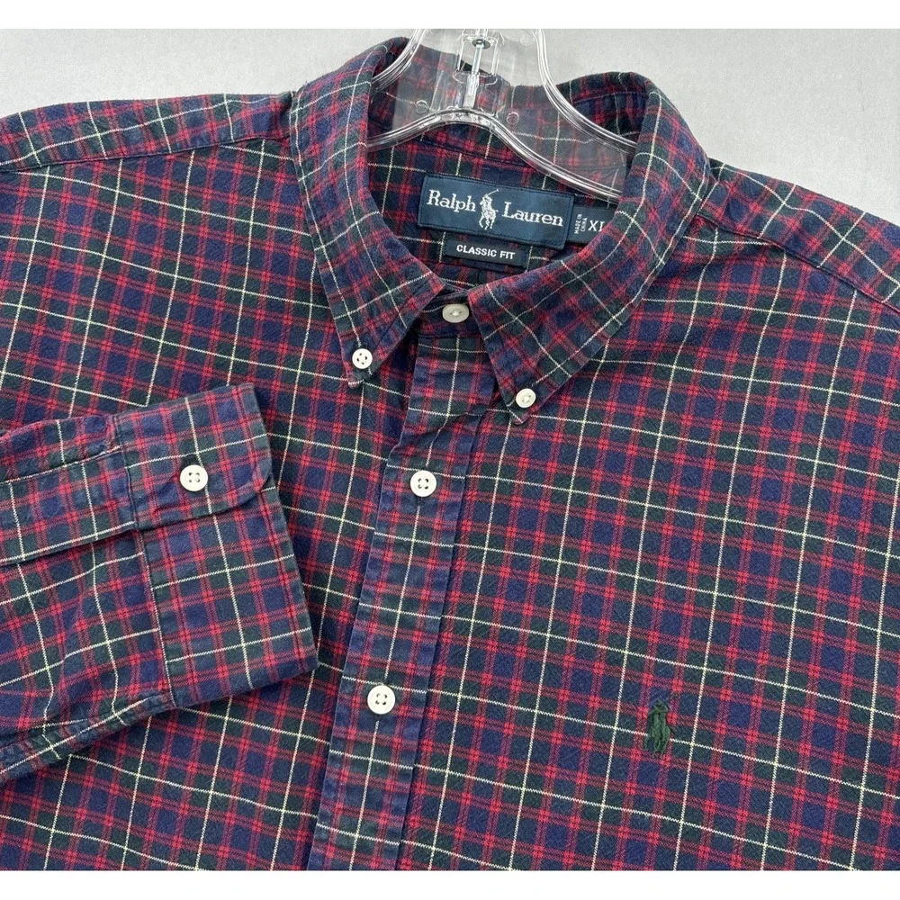 Ralph Lauren Shirt Mens‎ XL Blue Red Plaid Flannel Tartan Button Oxford Vintage
